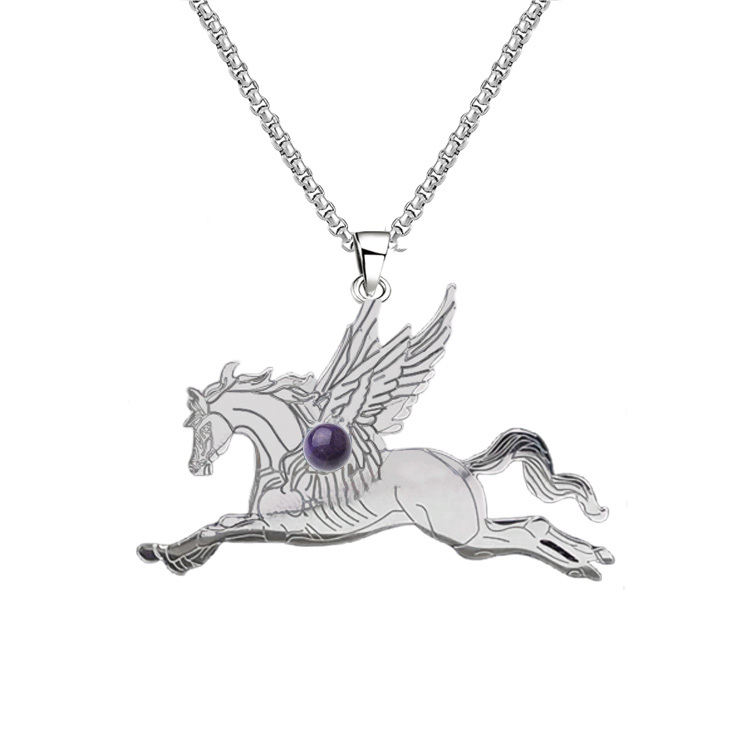 Natural Gemstone Cabochons Stainless Steel Pegasus & Flying Horse Pendant Necklace with 50CM Chain
