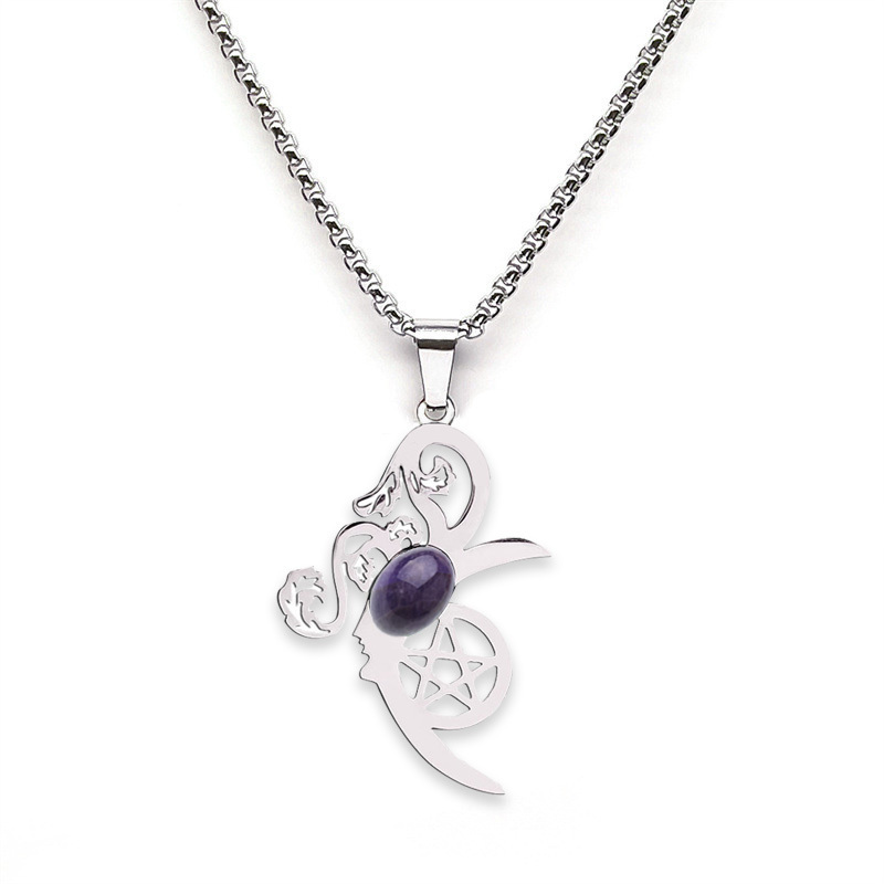 Moon Flower Stainless Steel Necklace  Natural GemstoneCabs Pendant With 50CM Chain