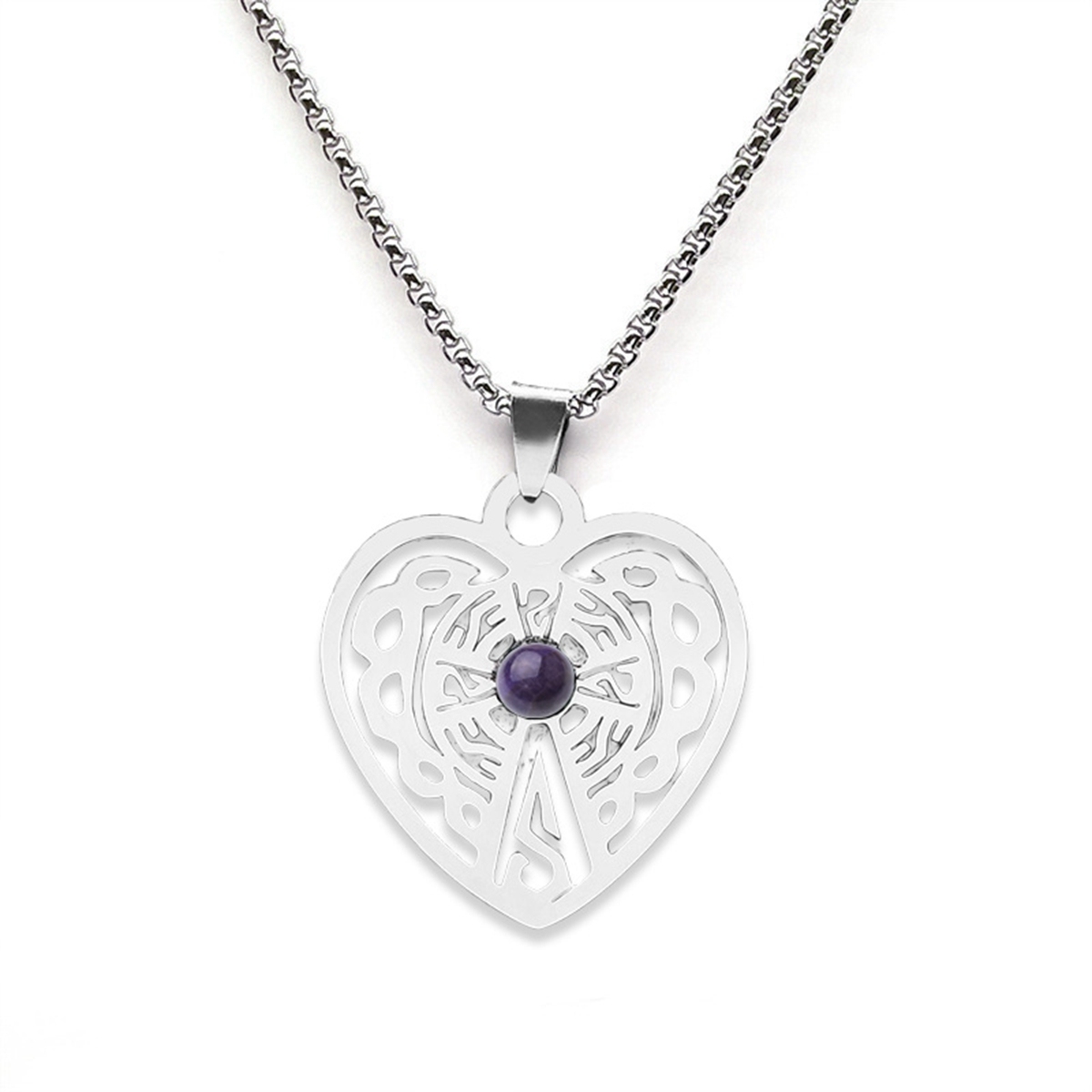 Heart Stainless Steel Necklace  Natural Gemstone Cabs Pendant With 50CM Chain