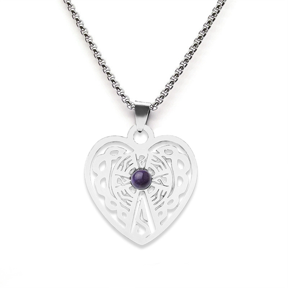 Heart Stainless Steel Necklace  Natural Gemstone Cabs Pendant With 50CM Chain