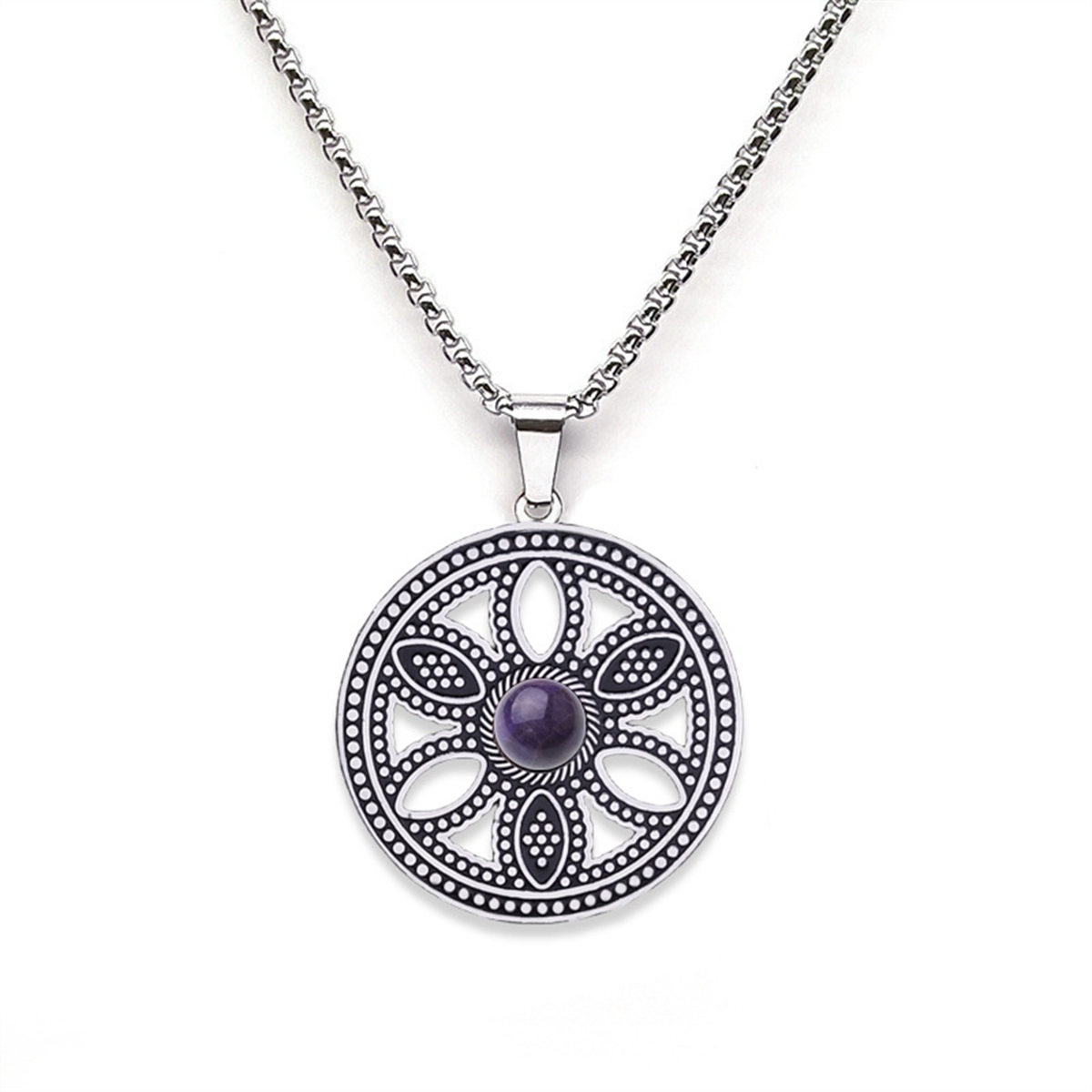 Hollow Round Flower Stainless Steel Necklace Natural Gemstone Cabs Pendant With 50CM Chain