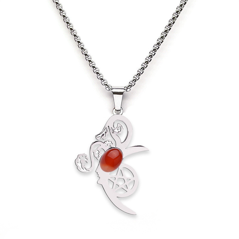 Moon Flower Stainless Steel Necklace  Natural GemstoneCabs Pendant With 50CM Chain