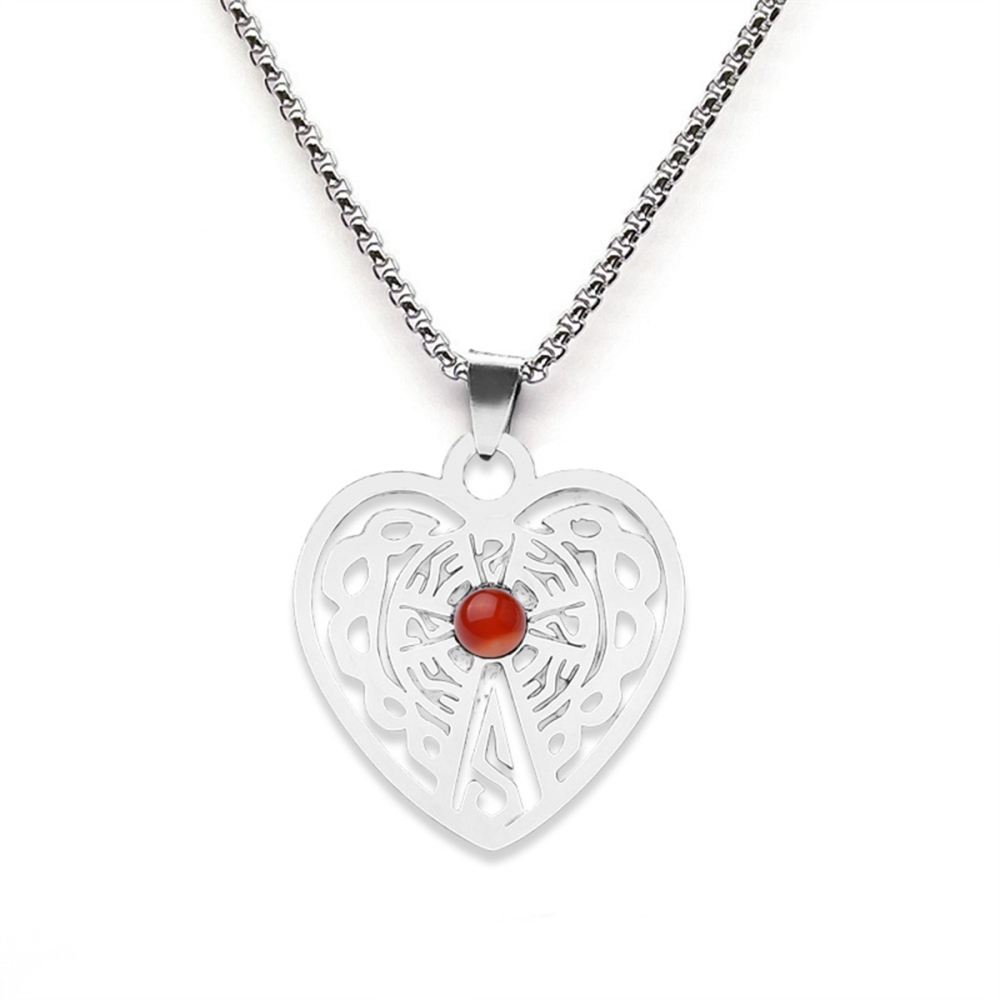 Heart Stainless Steel Necklace  Natural Gemstone Cabs Pendant With 50CM Chain