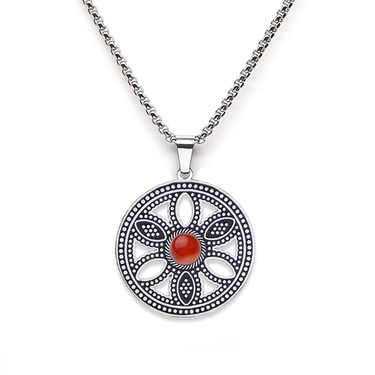 Hollow Round Flower Stainless Steel Necklace Natural Gemstone Cabs Pendant With 50CM Chain