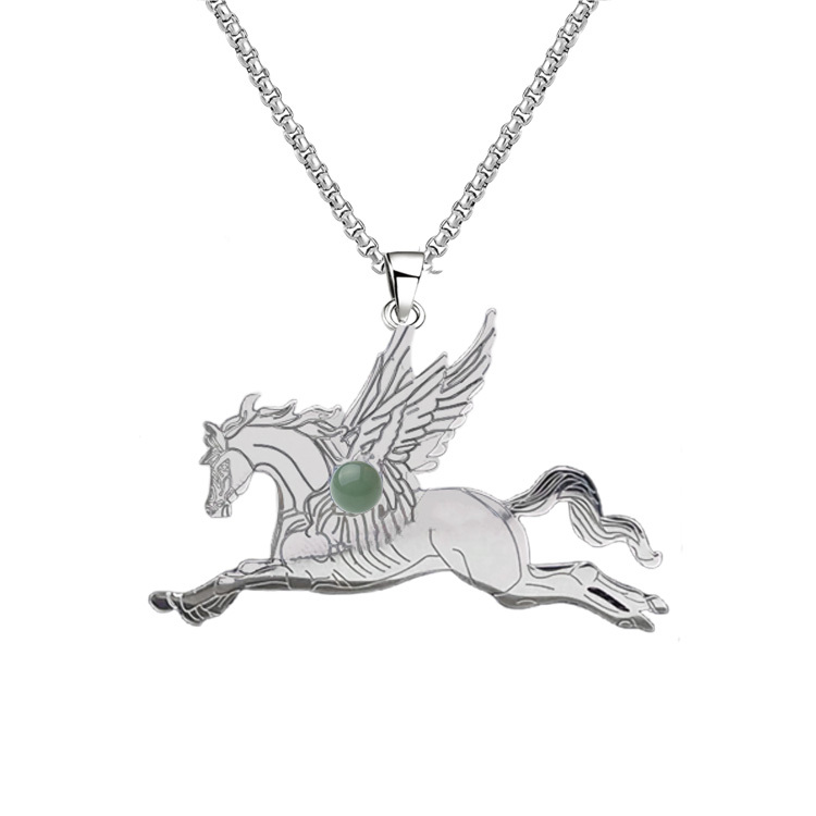 Natural Gemstone Cabochons Stainless Steel Pegasus & Flying Horse Pendant Necklace with 50CM Chain