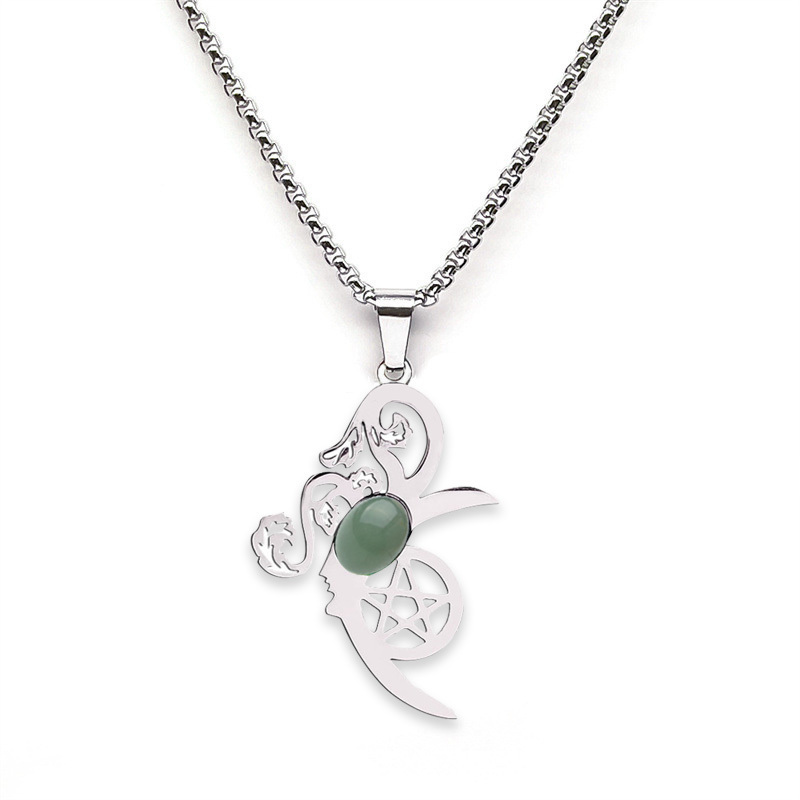 Moon Flower Stainless Steel Necklace  Natural GemstoneCabs Pendant With 50CM Chain