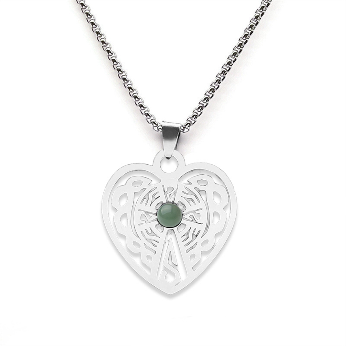 Heart Stainless Steel Necklace  Natural Gemstone Cabs Pendant With 50CM Chain