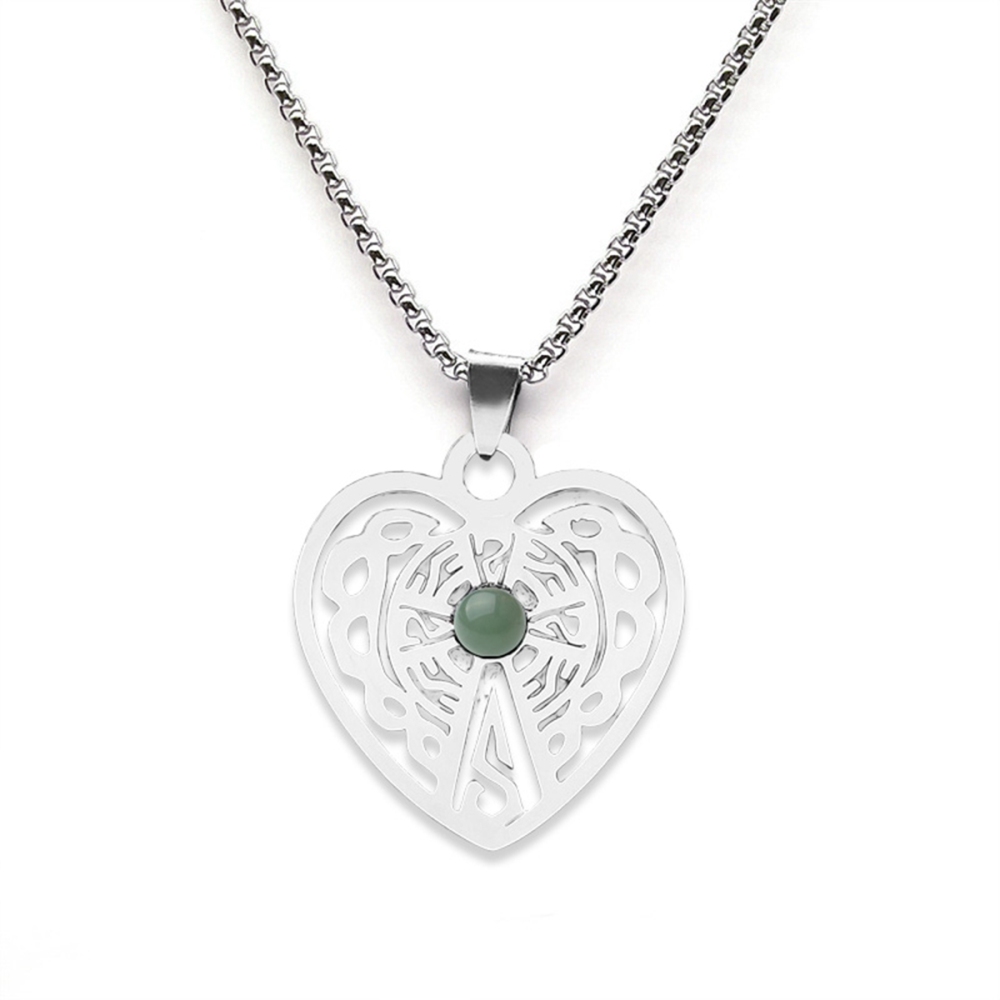 Heart Stainless Steel Necklace  Natural Gemstone Cabs Pendant With 50CM Chain