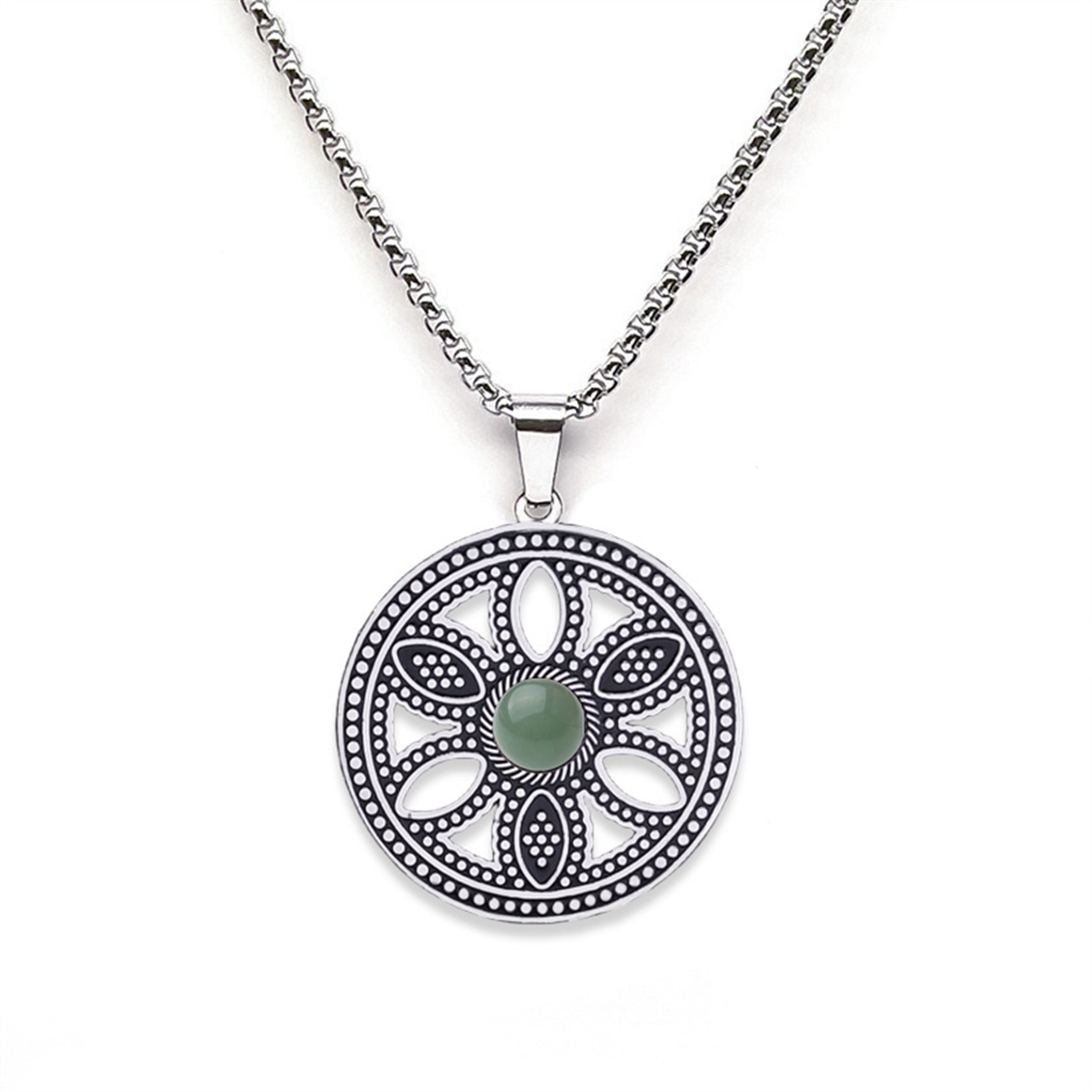 Hollow Round Flower Stainless Steel Necklace Natural Gemstone Cabs Pendant With 50CM Chain