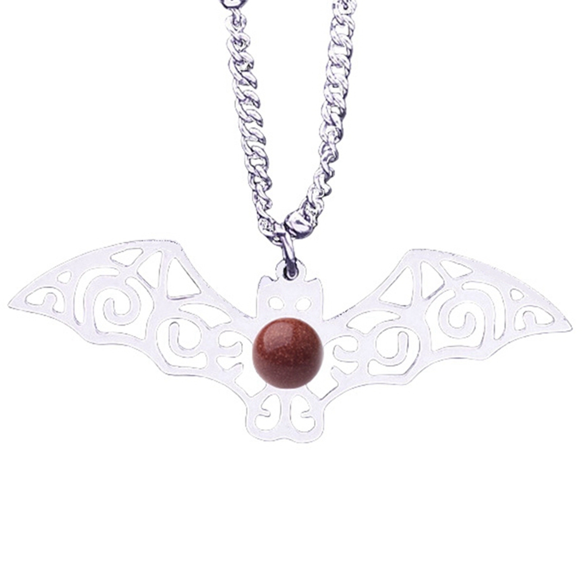 Natural Gemstone Cabochons Stainless Steel Bat Goddess Talisman Pendant Necklace with 50CM Chain