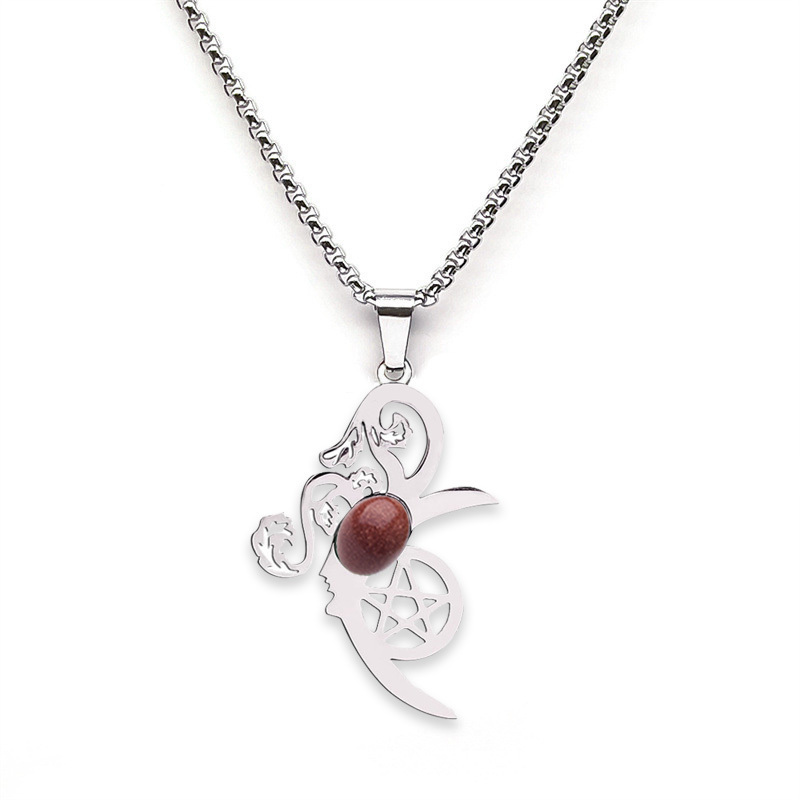 Moon Flower Stainless Steel Necklace  Natural GemstoneCabs Pendant With 50CM Chain