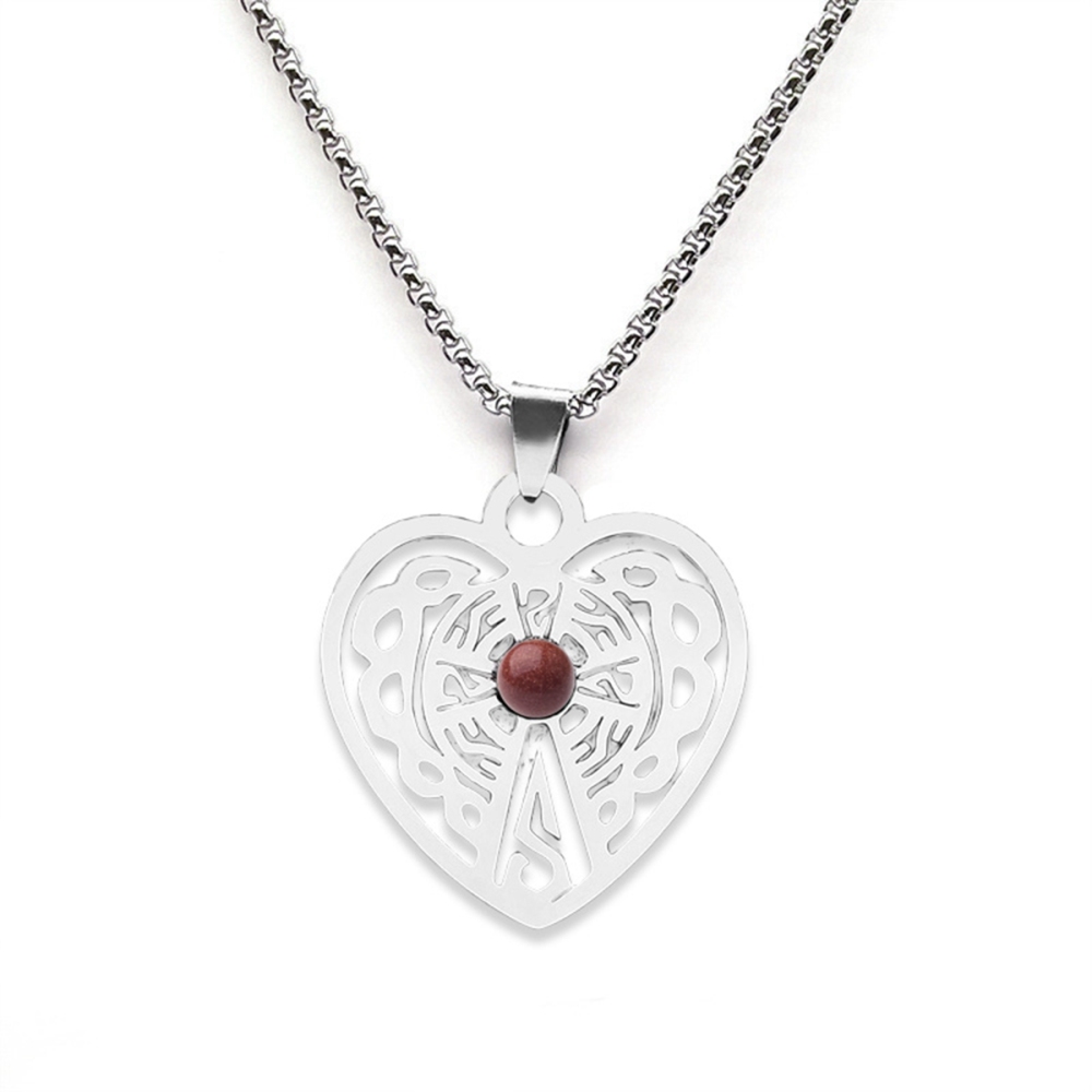 Heart Stainless Steel Necklace  Natural Gemstone Cabs Pendant With 50CM Chain