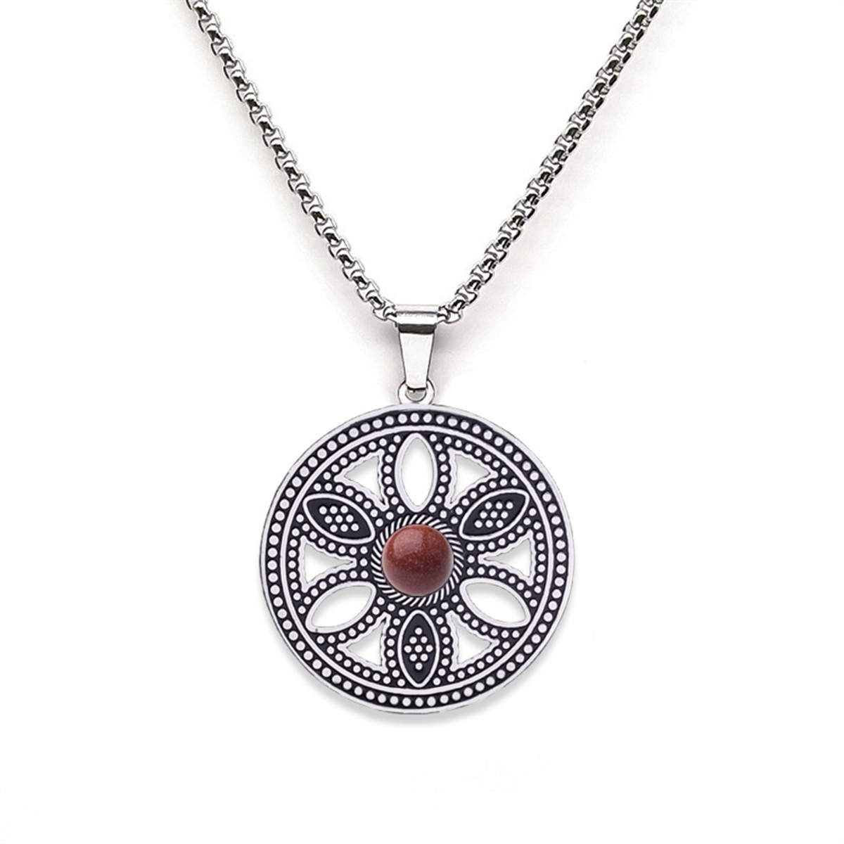 Hollow Round Flower Stainless Steel Necklace Natural Gemstone Cabs Pendant With 50CM Chain