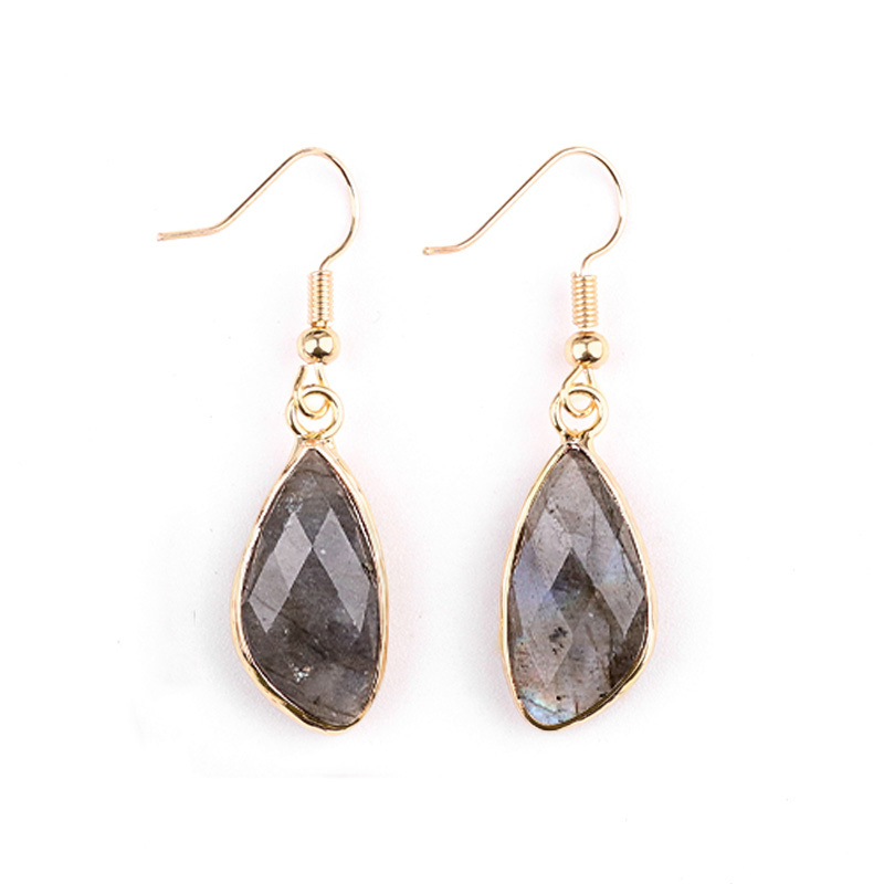 Faceted Teardrop Charms Drop Earrings for Women Girls Natural Stone Pendant Wrapped Gold