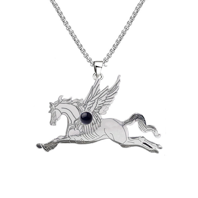 Natural Gemstone Cabochons Stainless Steel Pegasus & Flying Horse Pendant Necklace with 50CM Chain