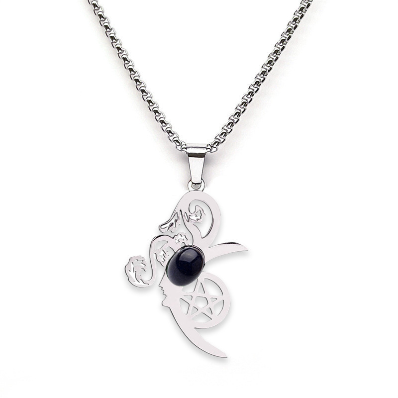 Moon Flower Stainless Steel Necklace  Natural GemstoneCabs Pendant With 50CM Chain