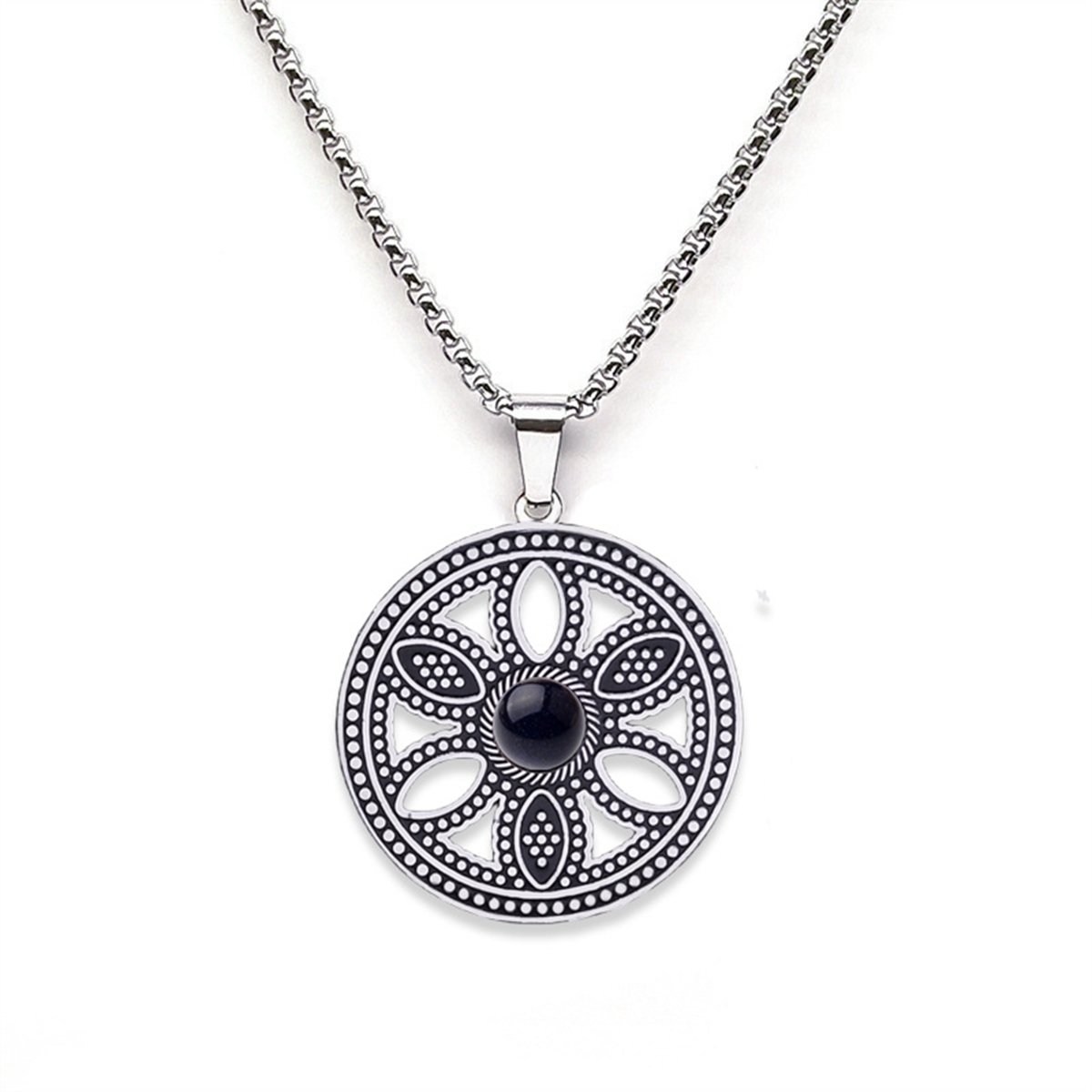 Hollow Round Flower Stainless Steel Necklace Natural Gemstone Cabs Pendant With 50CM Chain