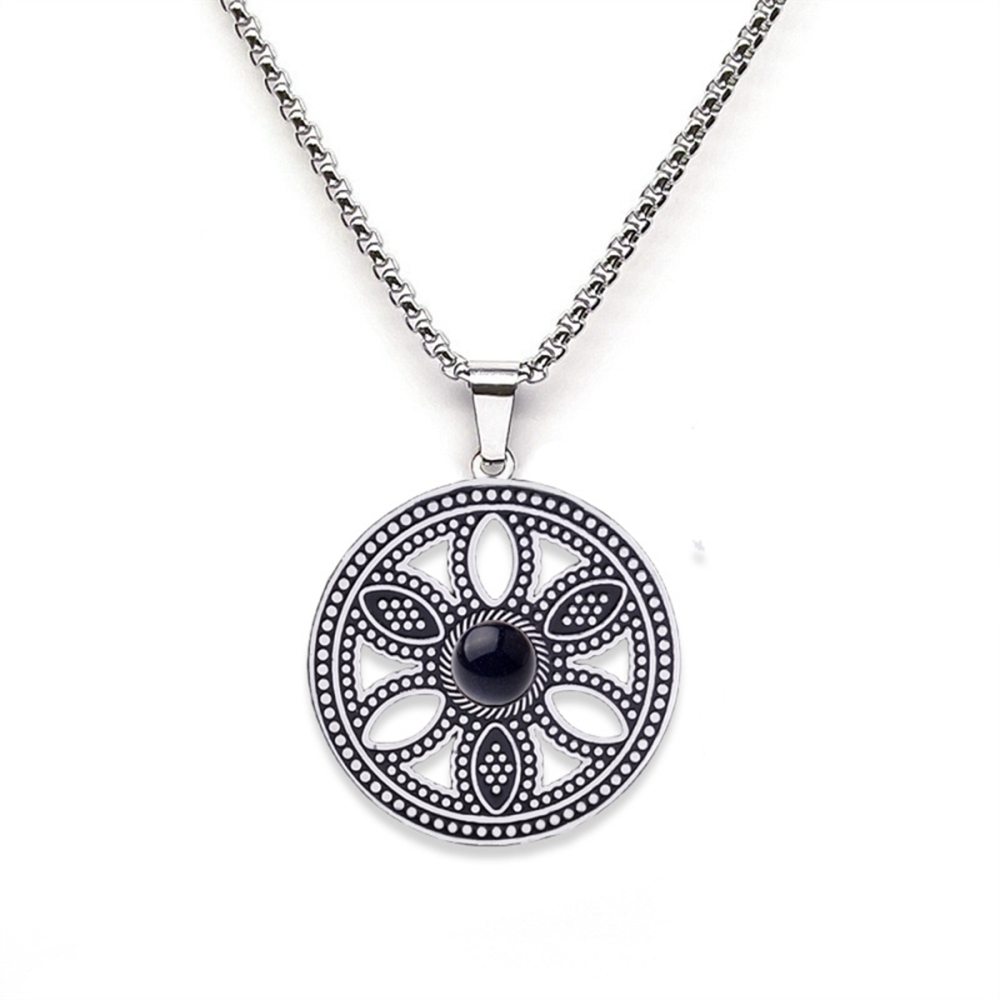 Hollow Round Flower Stainless Steel Necklace Natural Gemstone Cabs Pendant With 50CM Chain