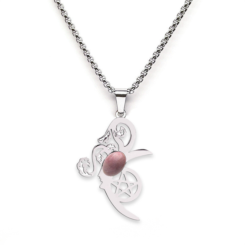 Moon Flower Stainless Steel Necklace  Natural Gemstone Cabs Pendant With 50CM Chain