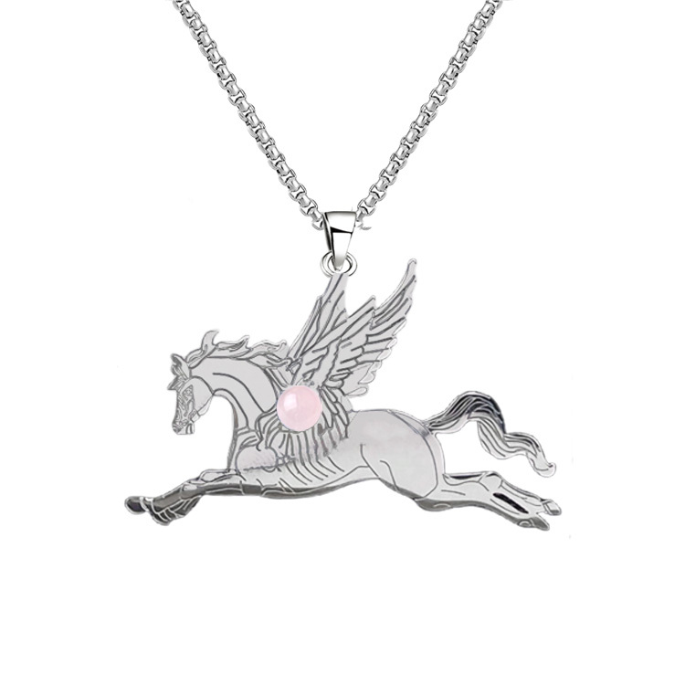 Natural Gemstone Cabochons Stainless Steel Pegasus & Flying Horse Pendant Necklace with 50CM Chain