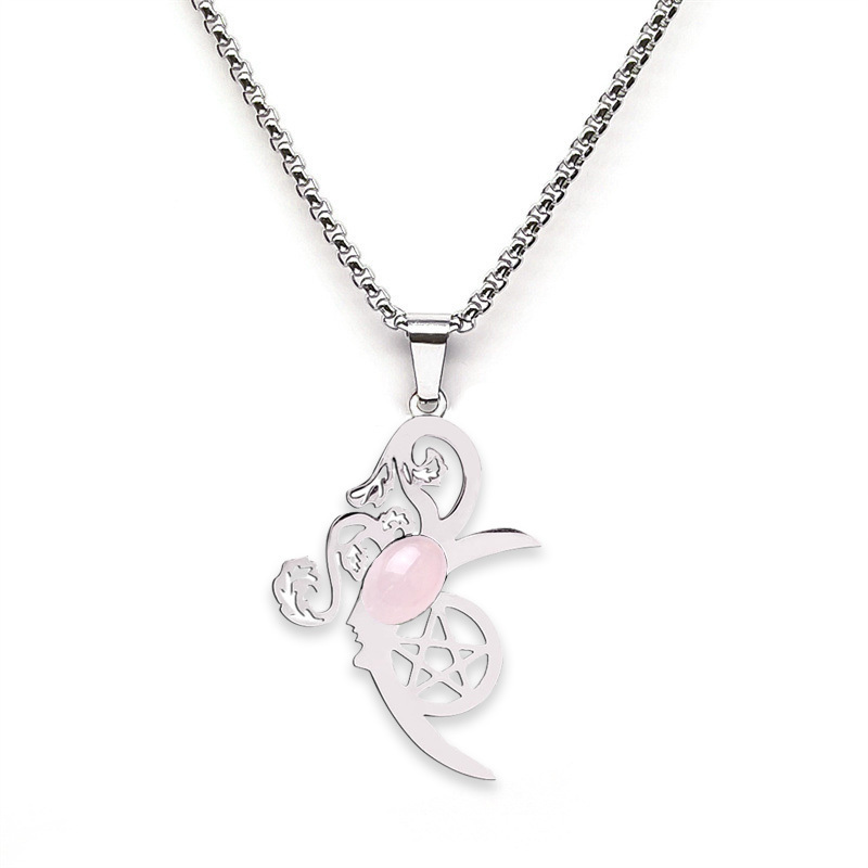 Moon Flower Stainless Steel Necklace  Natural GemstoneCabs Pendant With 50CM Chain