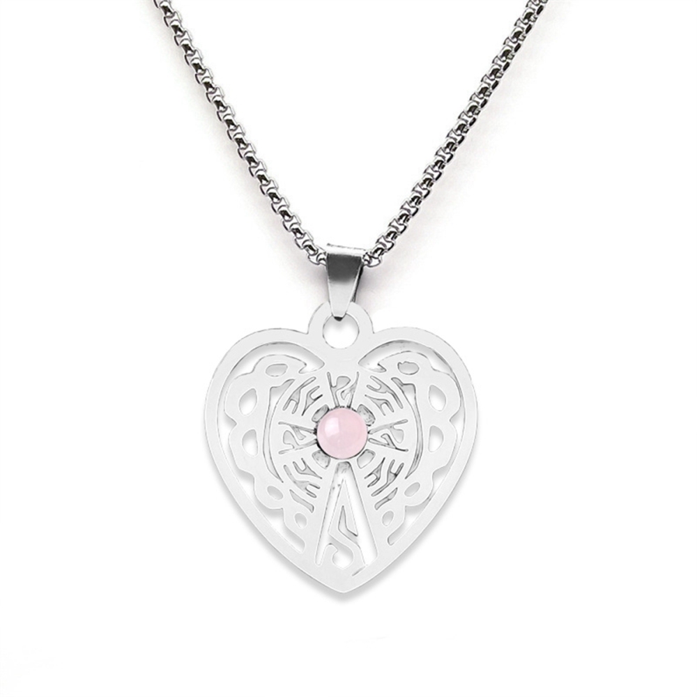 Heart Stainless Steel Necklace  Natural Gemstone Cabs Pendant With 50CM Chain