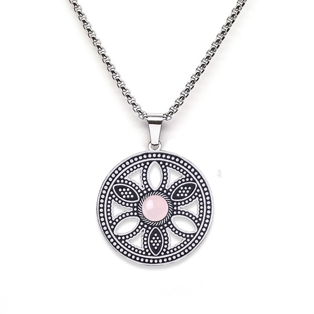 Hollow Round Flower Stainless Steel Necklace Natural Gemstone Cabs Pendant With 50CM Chain