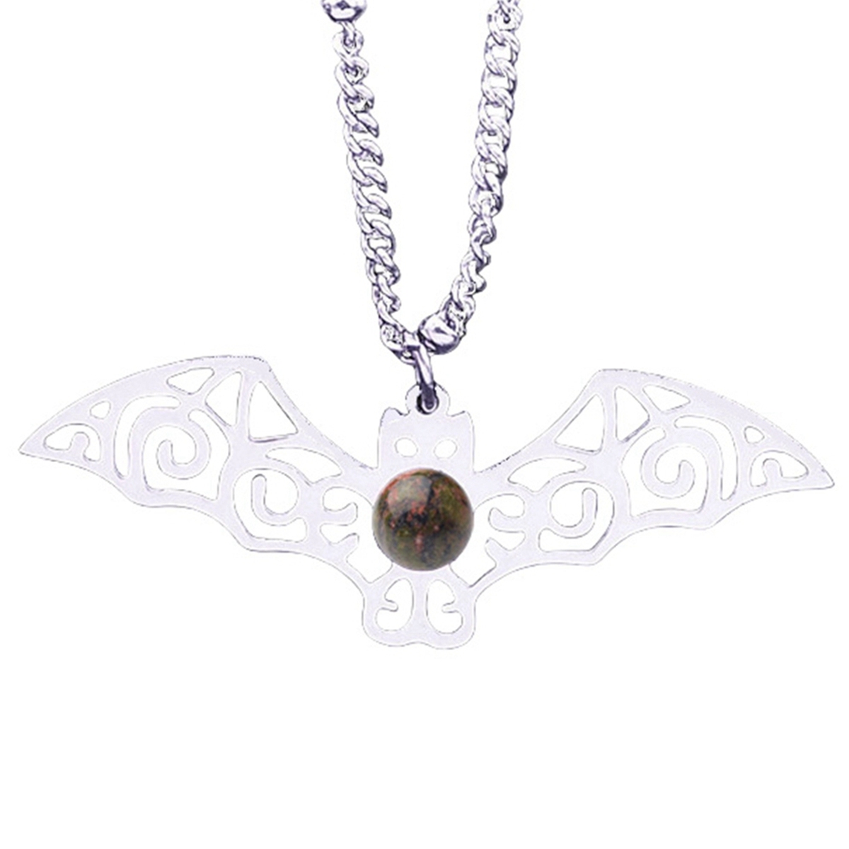 Natural Gemstone Cabochons Stainless Steel Bat Pendant Necklace with 50CM Chain