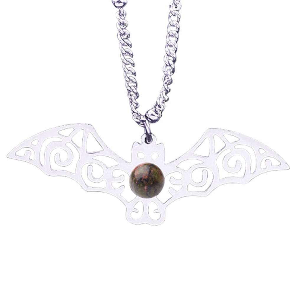 Natural Gemstone Cabochons Stainless Steel Bat Pendant Necklace with 50CM Chain