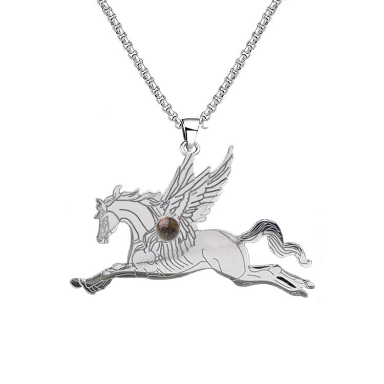 Natural Gemstone Cabochons Stainless Steel Pegasus & Flying Horse Pendant Necklace with 50CM Chain