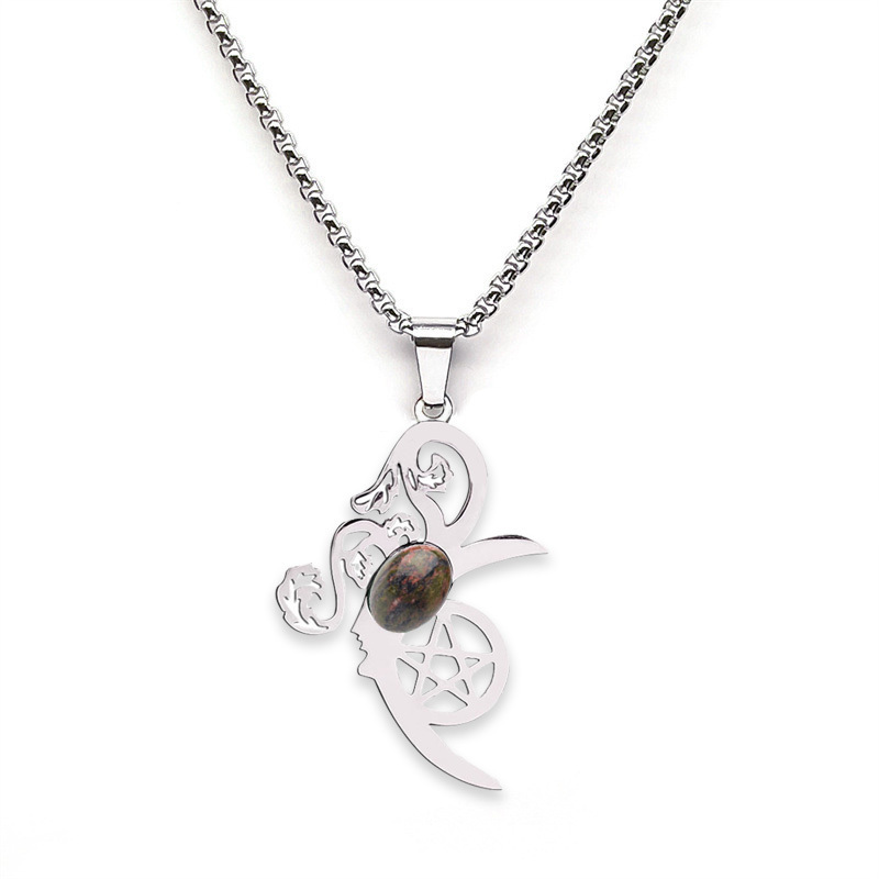 Moon Flower Stainless Steel Necklace  Natural Gemstone Cabs Pendant With 50CM Chain