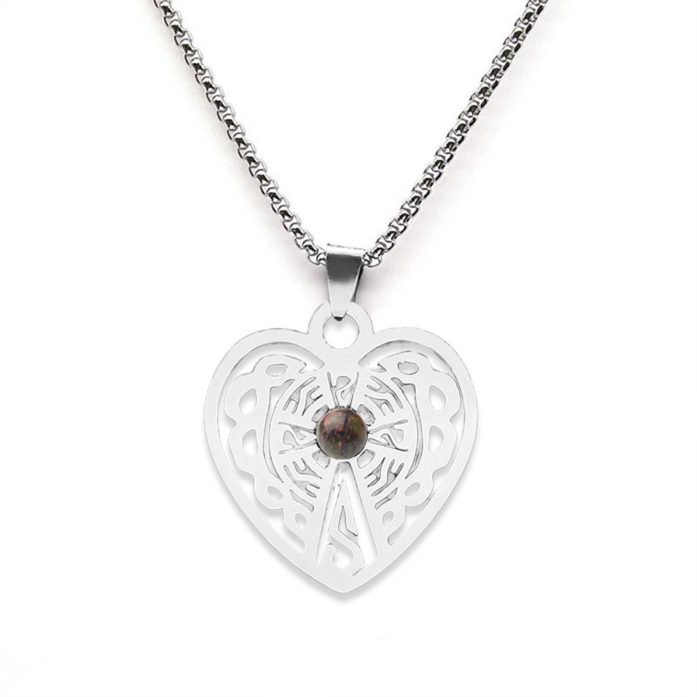 Heart Stainless Steel Necklace  Natural Gemstone Cabs Pendant With 50CM Chain
