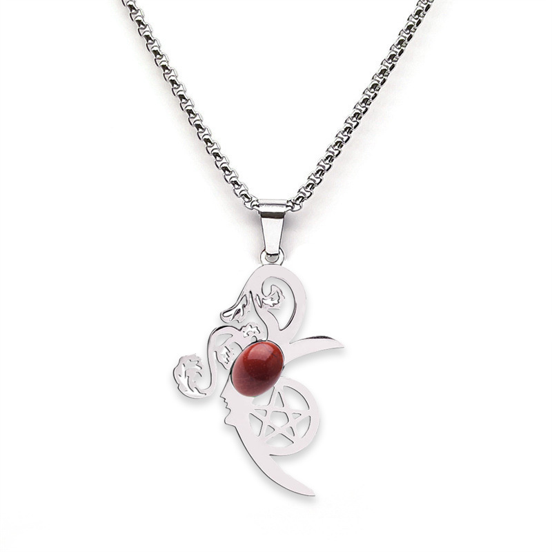 Moon Flower Stainless Steel Necklace  Natural Gemstone Cabs Pendant With 50CM Chain