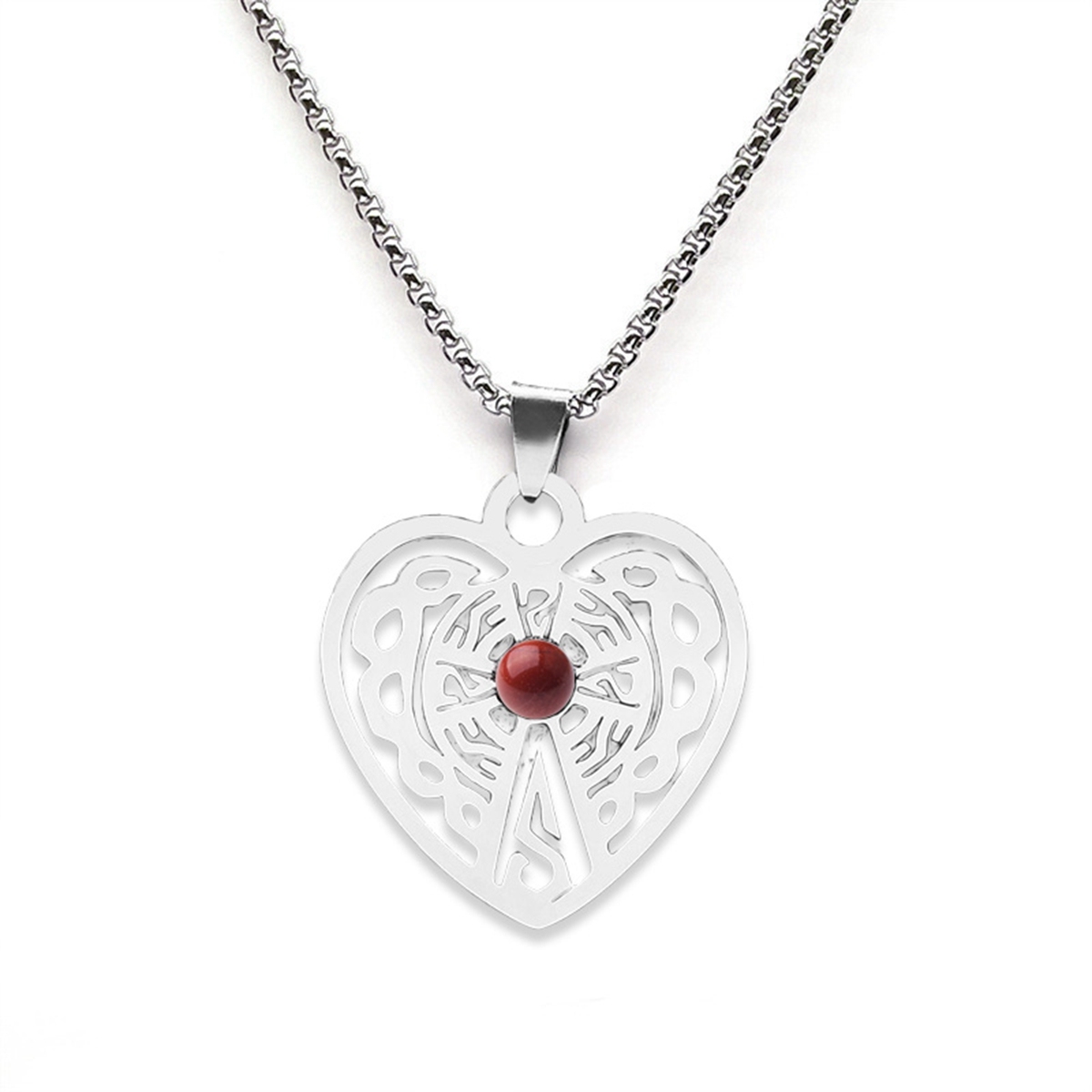 Heart Stainless Steel Necklace  Natural Gemstone Cabs Pendant With 50CM Chain