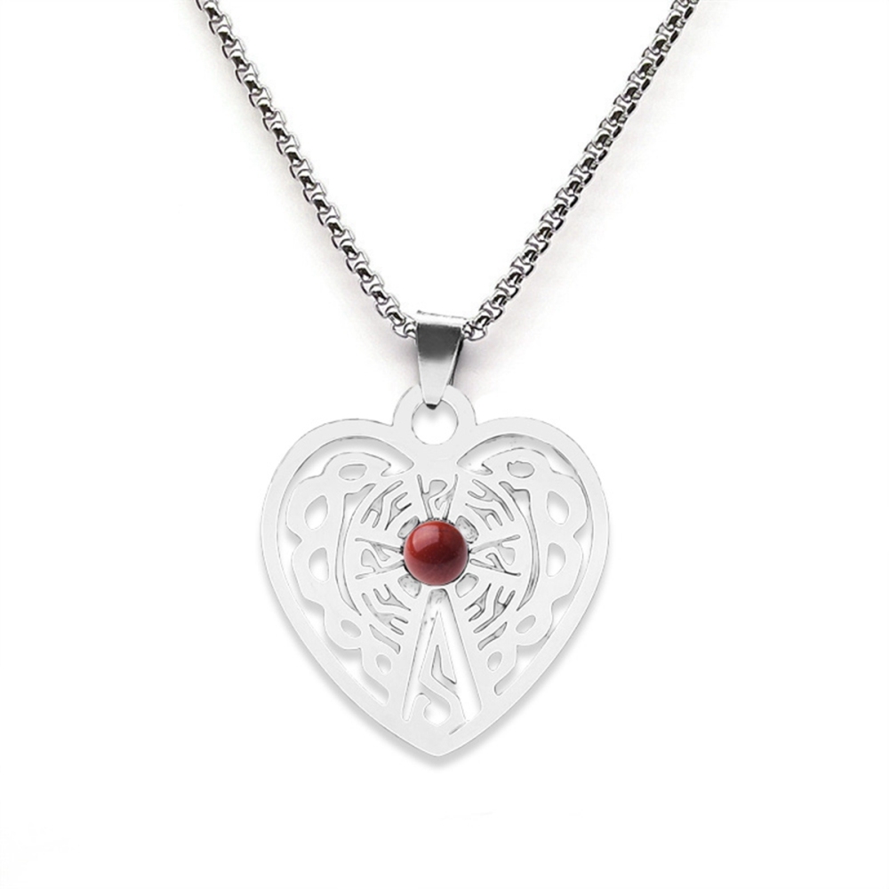 Heart Stainless Steel Necklace  Natural Gemstone Cabs Pendant With 50CM Chain