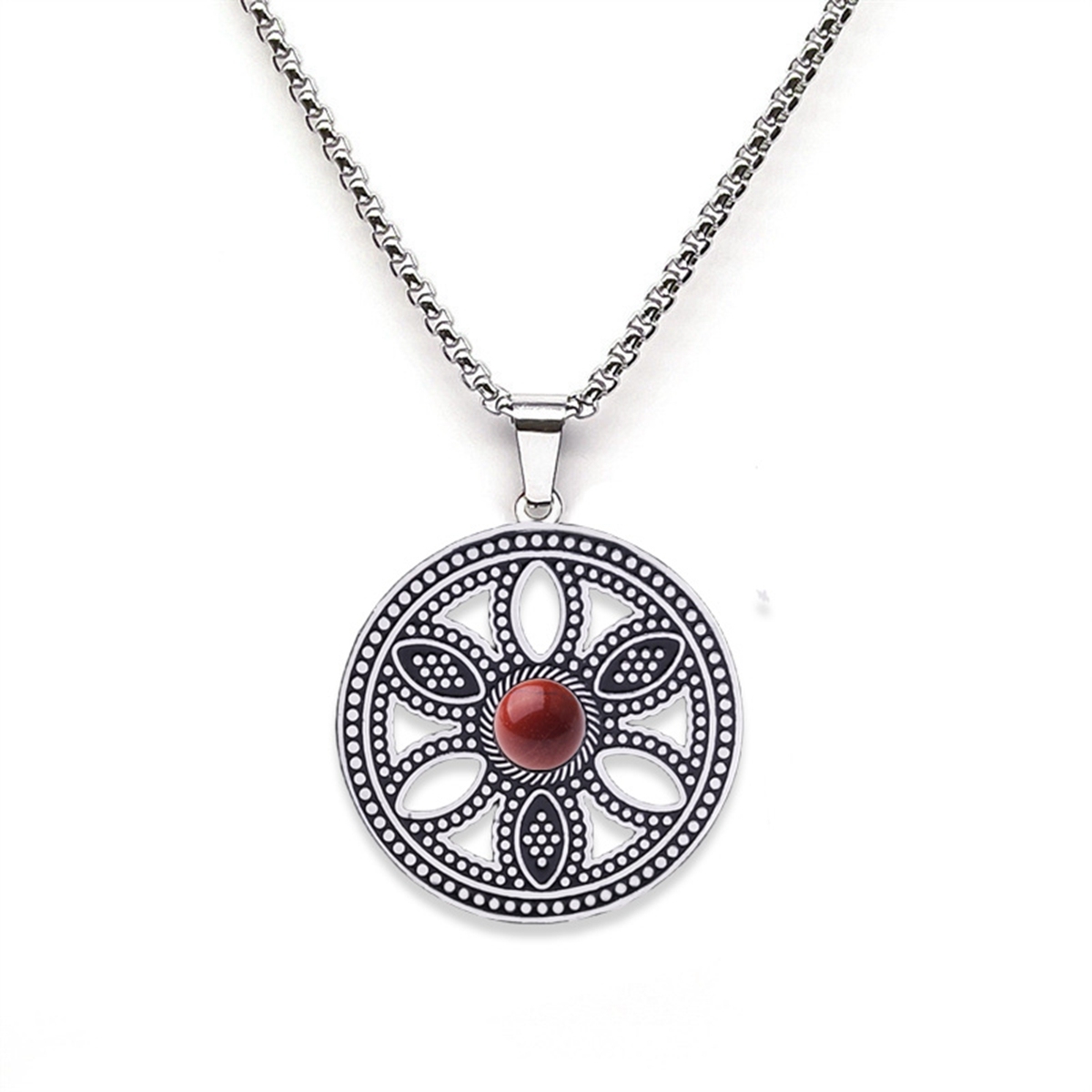 Hollow Round Flower Stainless Steel Necklace Natural Gemstone Cabs Pendant With 50CM Chain
