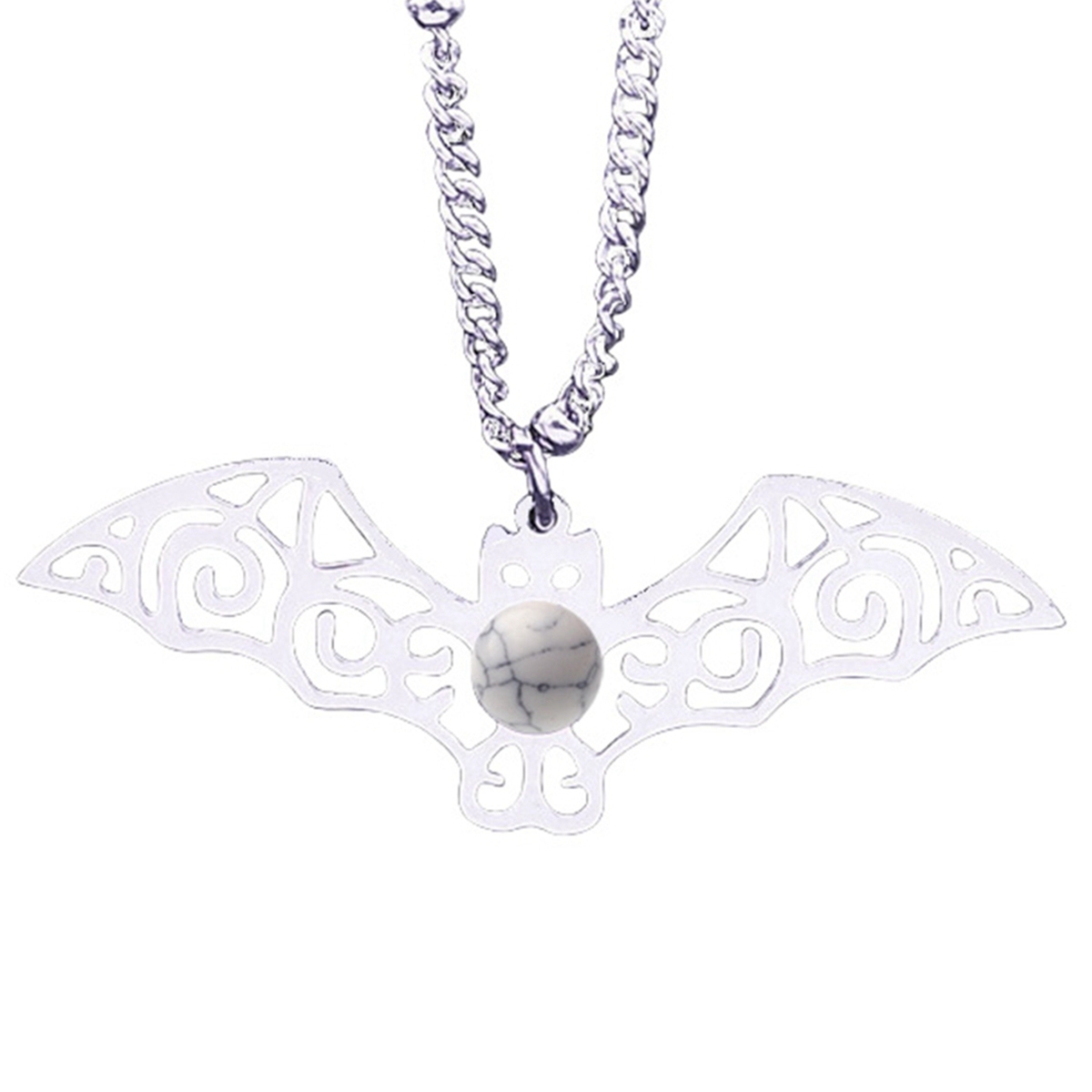 Natural Gemstone Cabochons Stainless Steel Bat Pendant Necklace with 50CM Chain