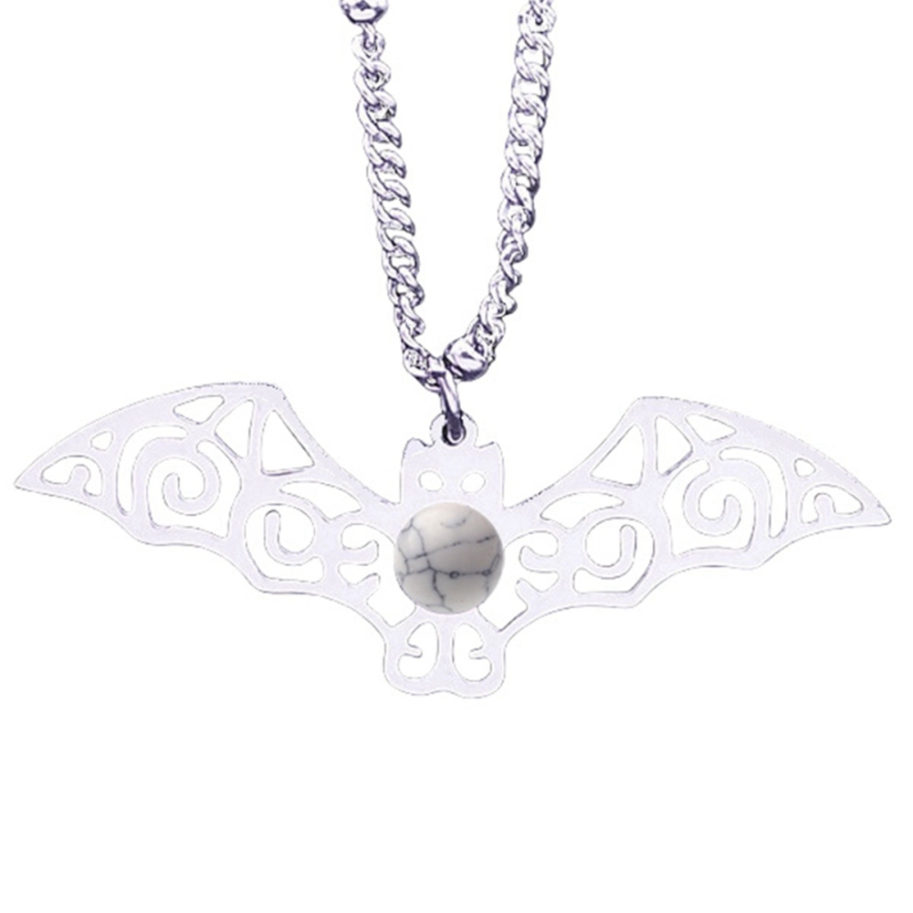 Natural Gemstone Cabochons Stainless Steel Bat Pendant Necklace with 50CM Chain