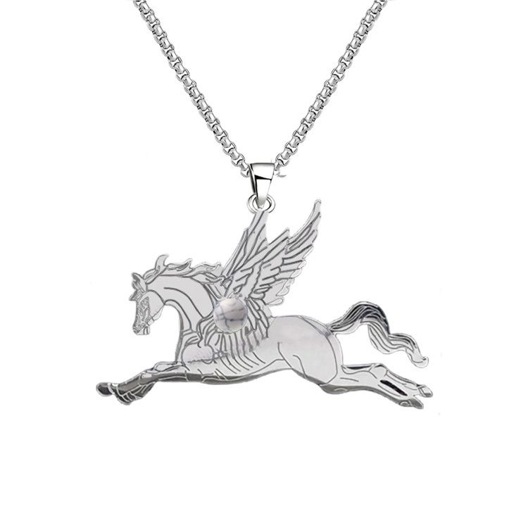 Natural Gemstone Cabochons Stainless Steel Pegasus & Flying Horse Pendant Necklace with 50CM Chain