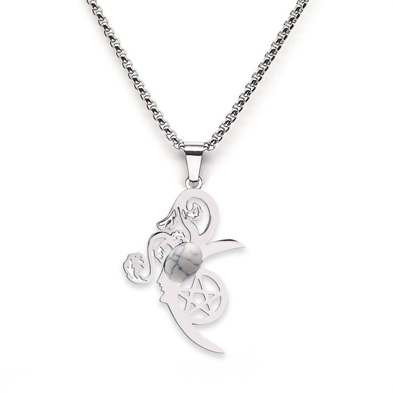 Moon Flower Stainless Steel Necklace  Natural Gemstone Cabs Pendant With 50CM Chain