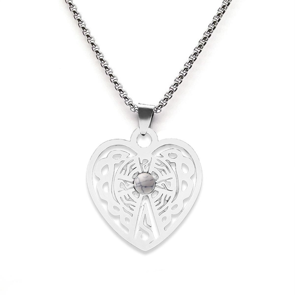 Heart Stainless Steel Necklace  Natural Gemstone Cabs Pendant With 50CM Chain