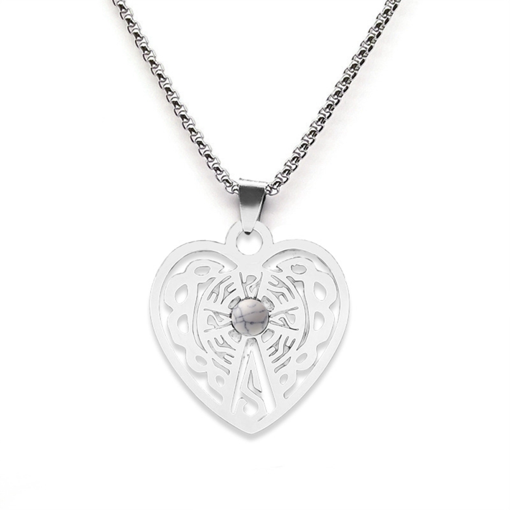 Heart Stainless Steel Necklace  Natural Gemstone Cabs Pendant With 50CM Chain