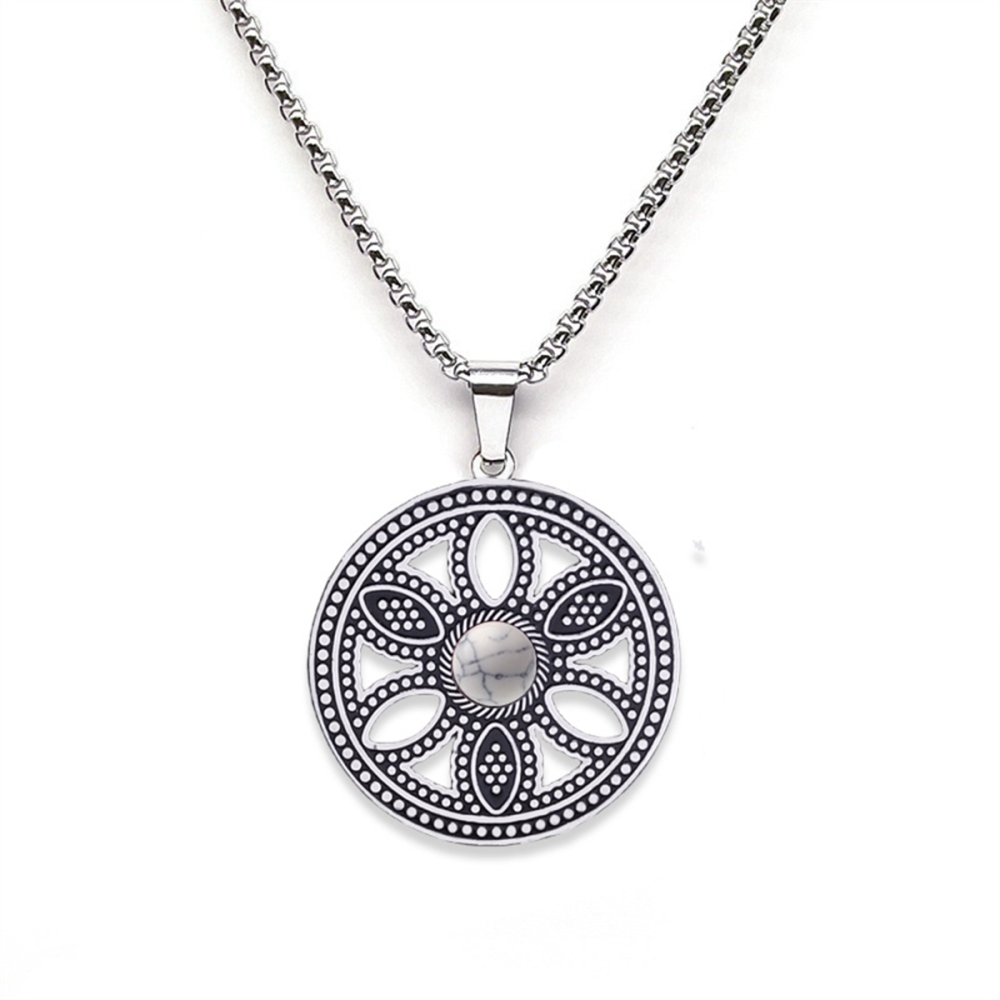 Hollow Round Flower Stainless Steel Necklace Natural Gemstone Cabs Pendant With 50CM Chain