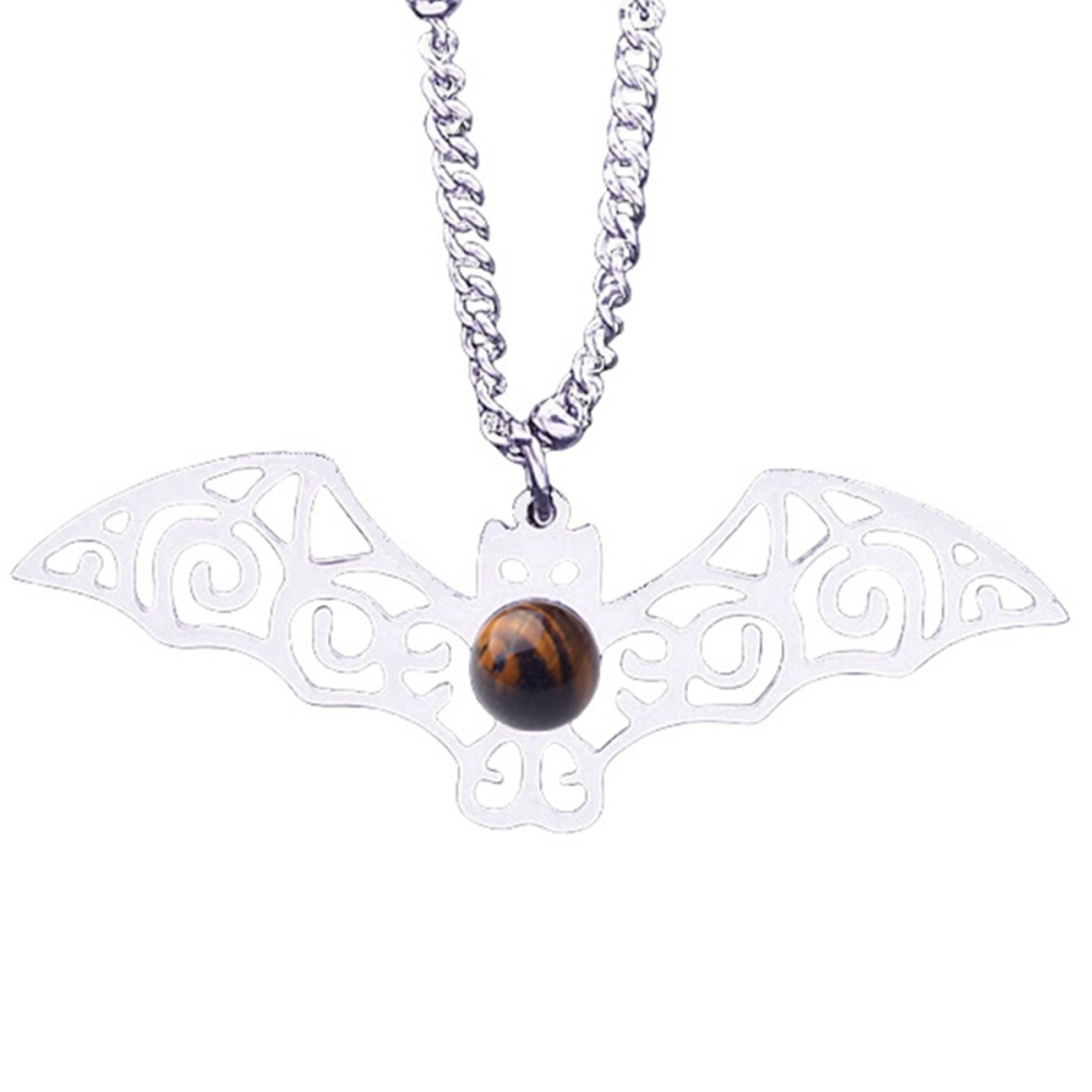 Natural Gemstone Cabochons Stainless Steel Bat Pendant Necklace with 50CM Chain