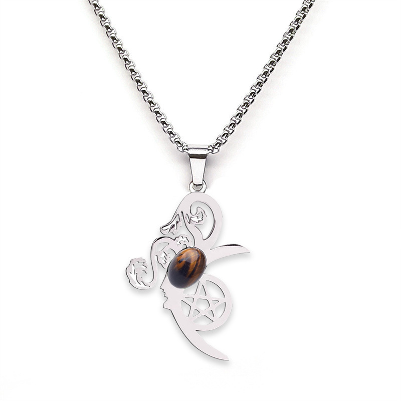 Moon Flower Stainless Steel Necklace  Natural Gemstone Cabs Pendant With 50CM Chain