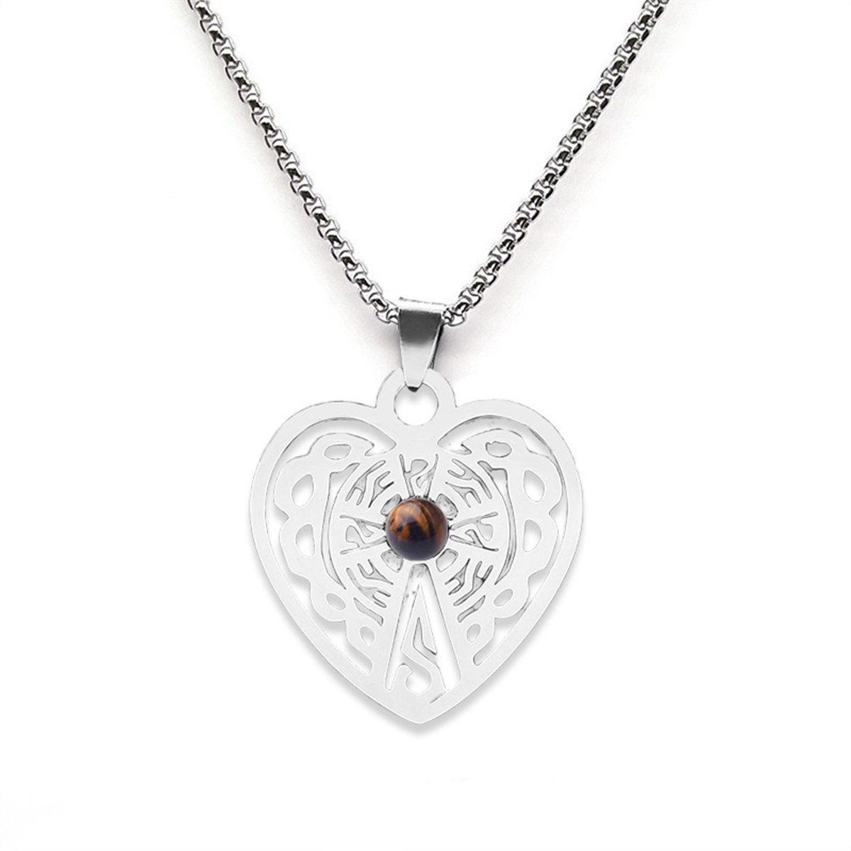Heart Stainless Steel Necklace  Natural Gemstone Cabs Pendant With 50CM Chain