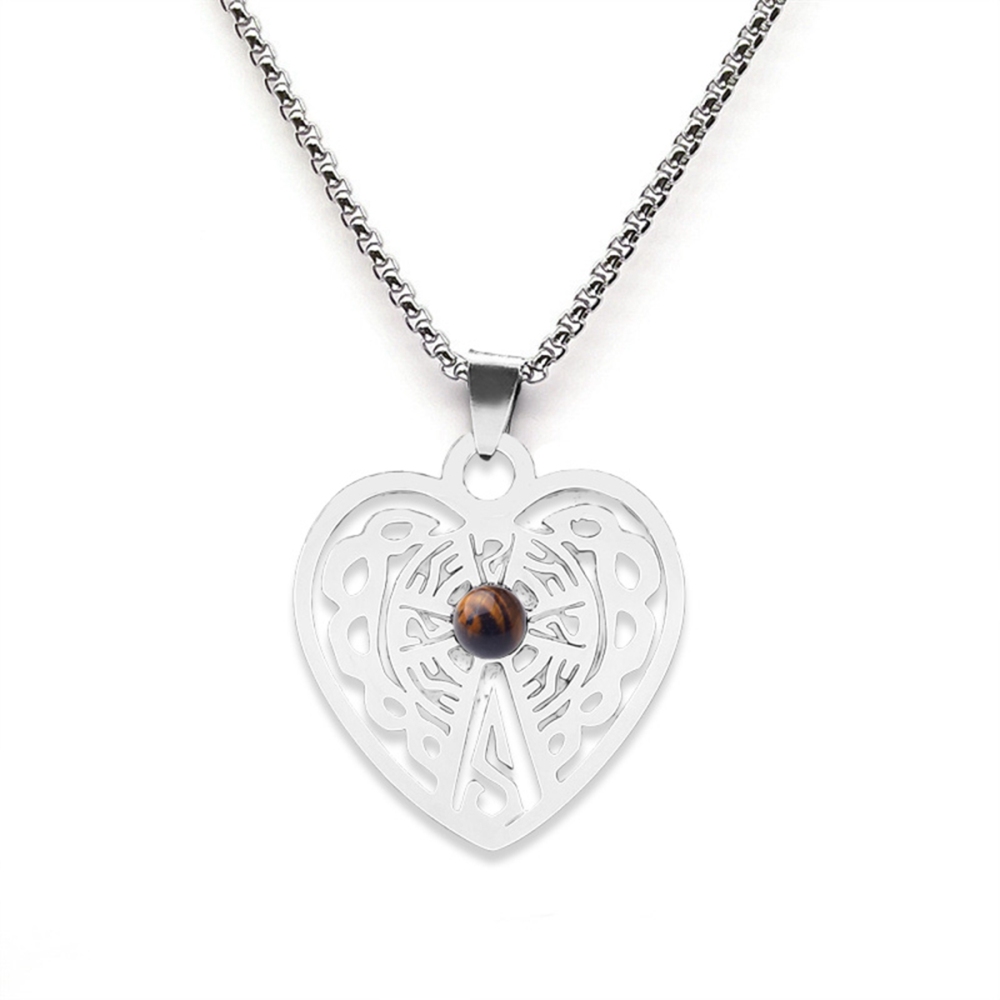 Heart Stainless Steel Necklace  Natural Gemstone Cabs Pendant With 50CM Chain