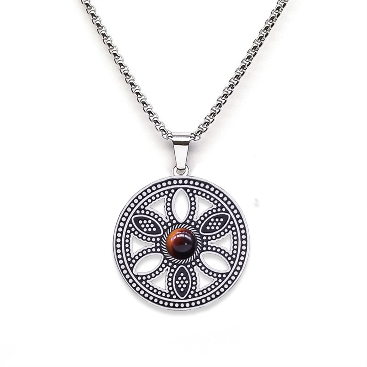 Hollow Round Flower Stainless Steel Necklace Natural Gemstone Cabs Pendant With 50CM Chain