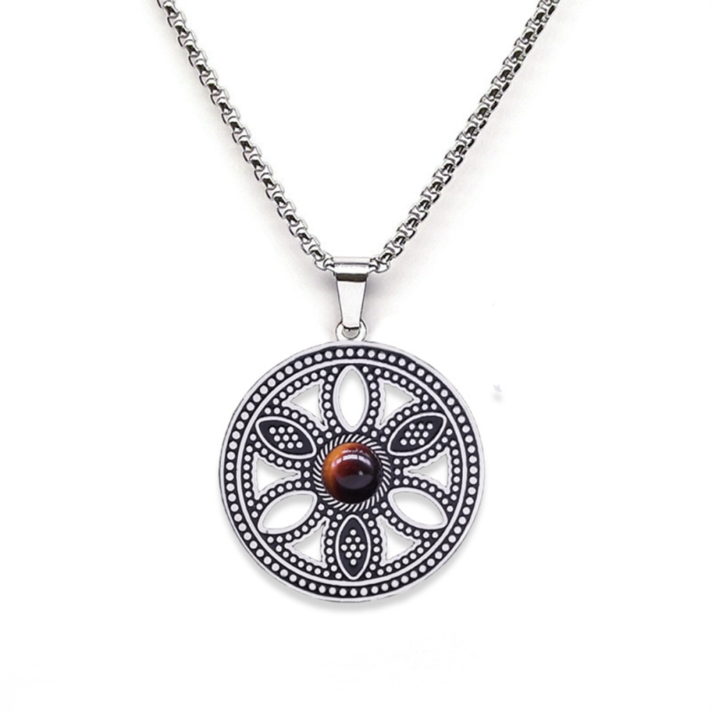 Hollow Round Flower Stainless Steel Necklace Natural Gemstone Cabs Pendant With 50CM Chain