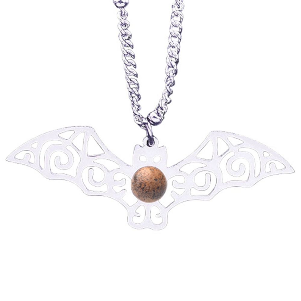Natural Gemstone Cabochons Stainless Steel Bat Pendant Necklace with 50CM Chain